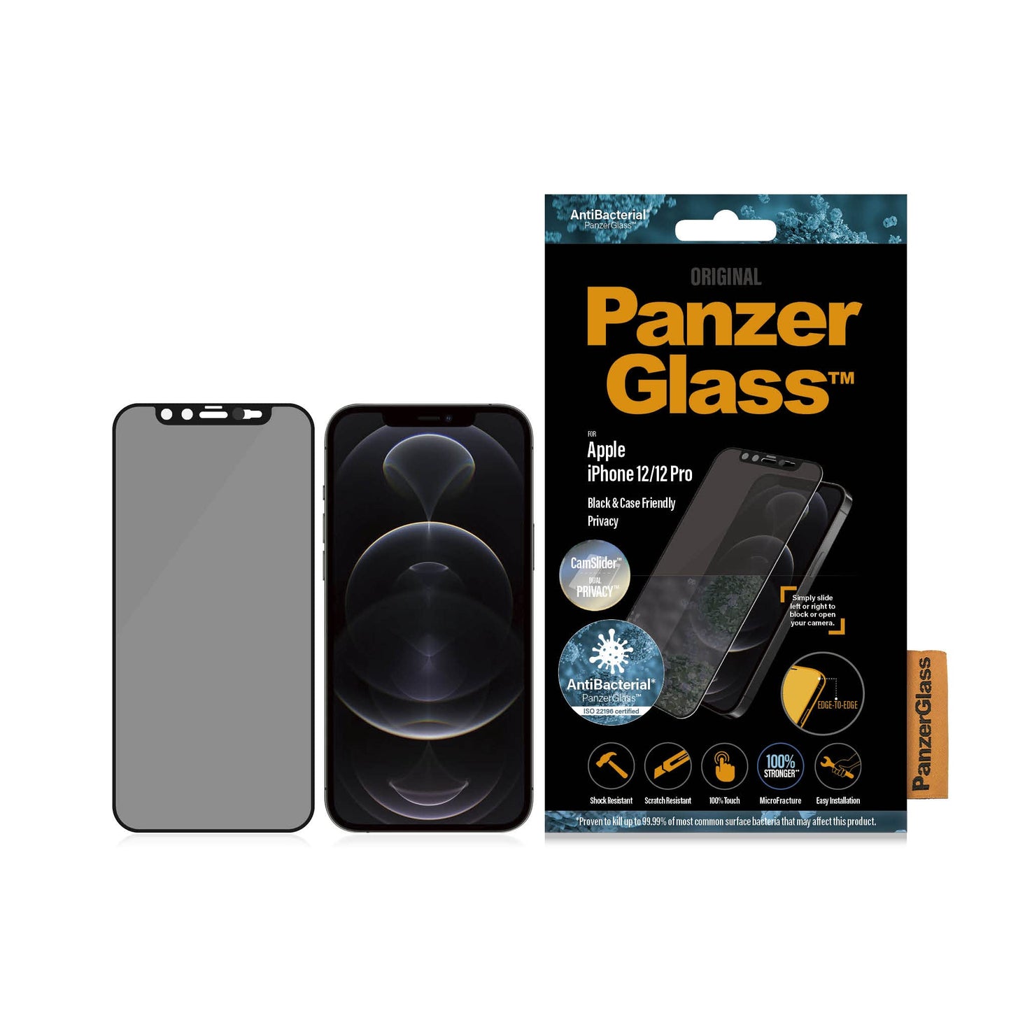 Panzerglass Dual Privacy Screen Protector With Selfie Camera Cover Iphone 12 12 Pro  Full Coverage  Case Friendly  Anti Fingerprint  Cam Slider Iphone Screen Protector -Like New