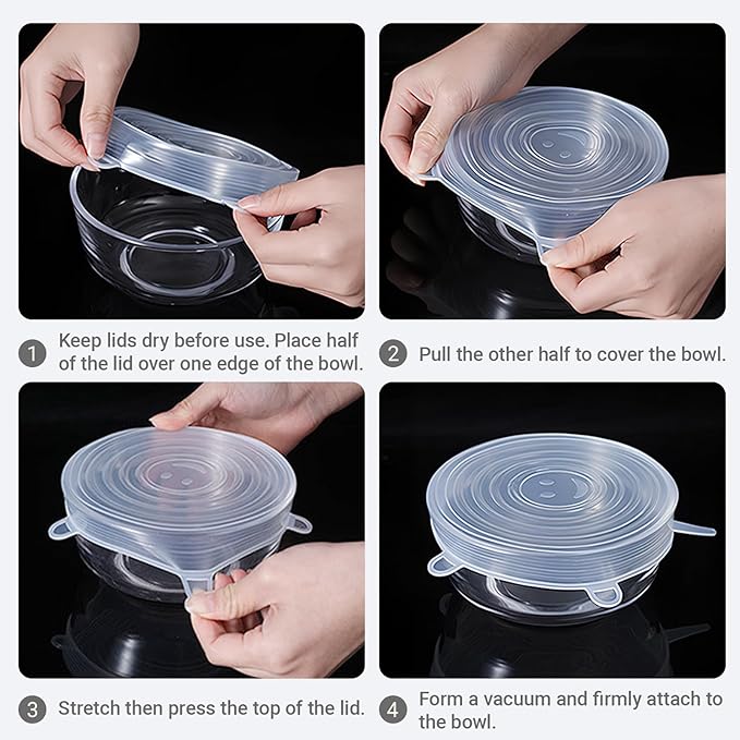 4 Pack 6.5in Reusable Silicone Stretch Lids, Silicone Bowl Covers for Food Storage, Universal Stretchable Lids for Containers Produce, Elastic Expandable Seal Cover, Microwave Freezer Safe