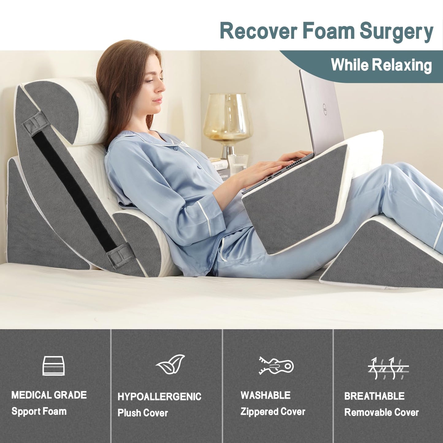 6pcs Orthopedic Bed Wedge Pillow Set for Sleeping, Post Surgery Foam for Body, Back and Leg Pain Relief Comfortable & Adjustable Support Pillows-Anti Snoring, Heartburn, Acid Reflux & GERD Sleeping