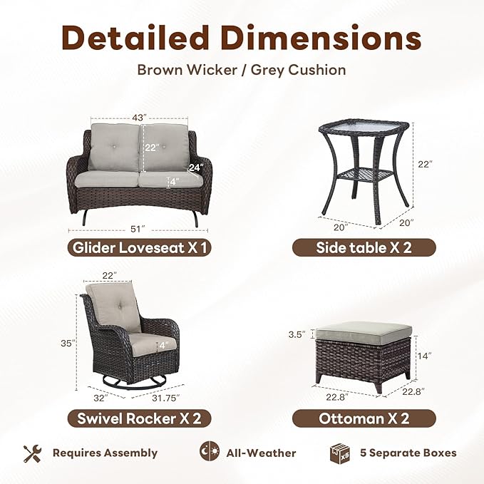 Belord Outdoor Patio Furniture Set - 7 Piece Brown Wicker Conversation Patio Furniture Set All Weather Swivel Chairs with Ottoman and Loveseat Glider Chair for Deck Balcony Backyard