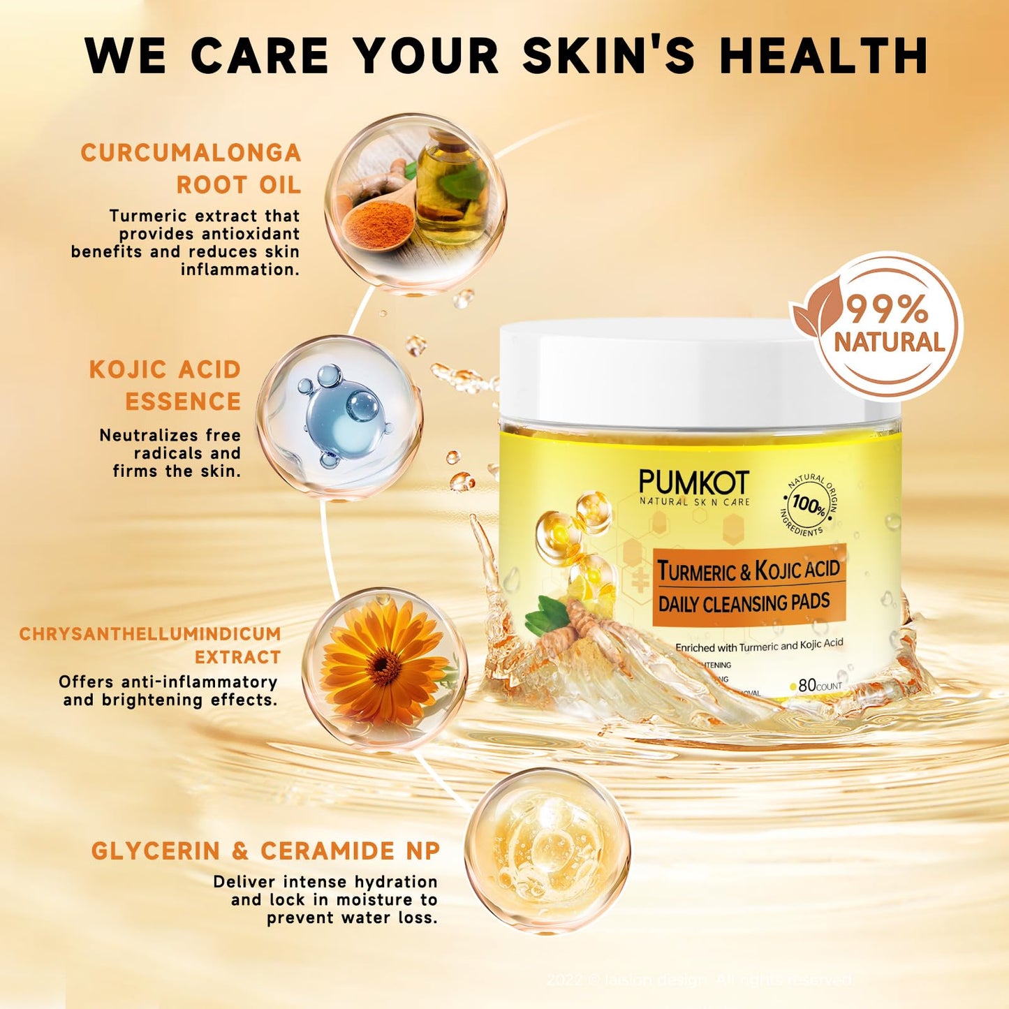 Pumkot Turmeric Kojic Acid Cleansing Pads, Turmeric Face Scrub Pads Enriched with Kojic Acid, 80PCS