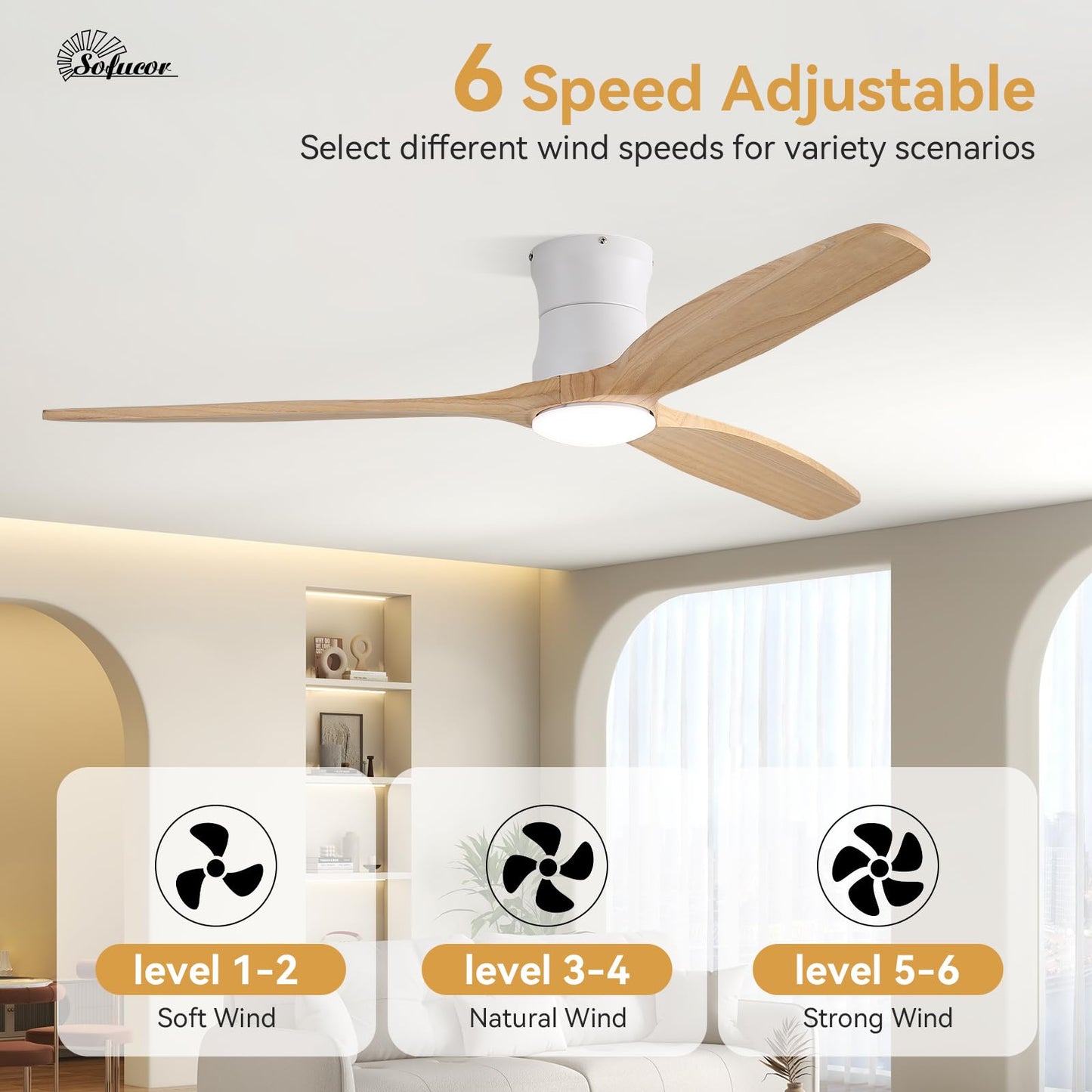 Sofucor 52" Smart Ceiling Fan, Solid Wood Ceiling Fan with Lights and Remote, Flush Mount Ceiling Fan Works with Alexa/Google/App, Dimmable 6-Speed Timing Reversible DC Motor for Bedroom Living Room