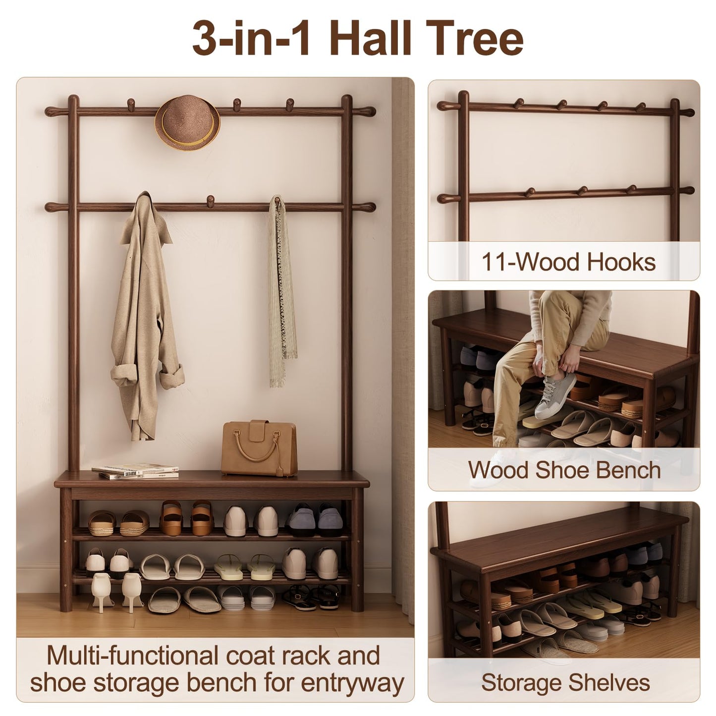 AQIMUELE Hall Tree, Coat Rack with Shoe Storage, Wooden Hall Tree with Bench, 11 Hooks and 2-Tier Storage Shelves, Entryway Bench with Coat Rack (39.3" - Deep Walnut)