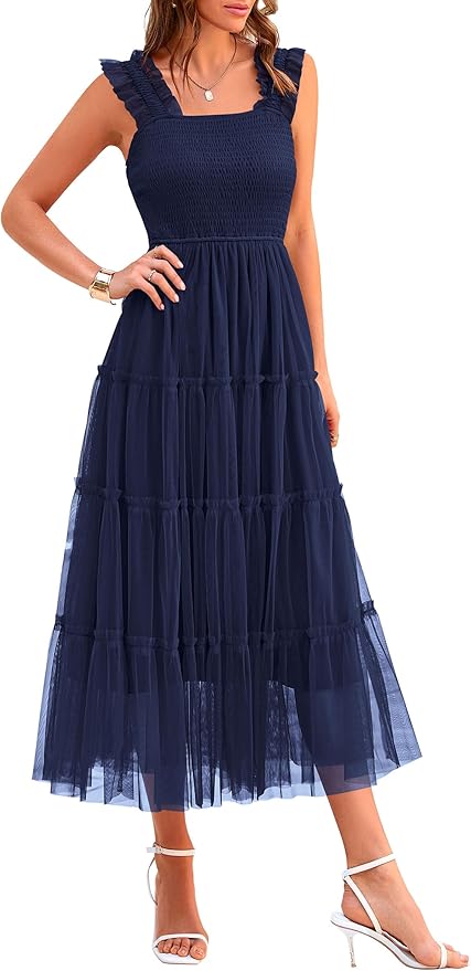 PRETTYGARDEN Women's Summer Tulle Midi Dress Sleeveless Smocked Ruffle Flowy Mesh Dresses Party Wedding Guest Sundress