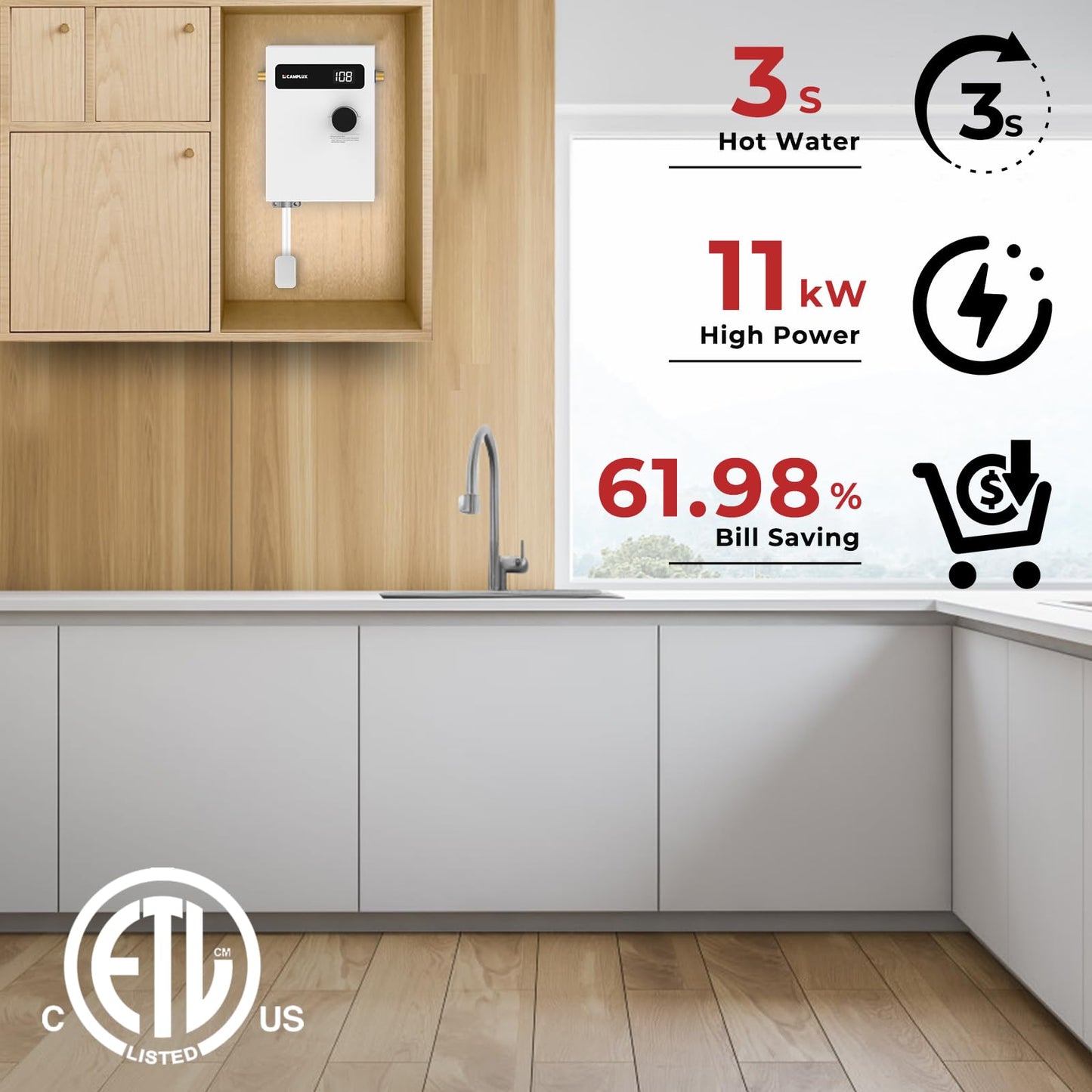 CAMPLUX Tankless Water Heater Electric 11kW 240 Volt, Point-of-Use Digital Display, Electric Instant Hot Water Heater with Self-modulating, Side Water Connection for Easier Installation, White