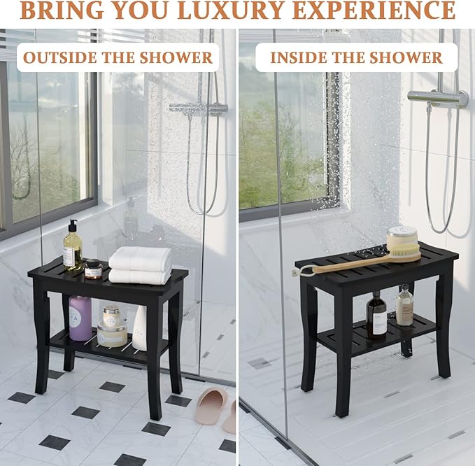 Domax Bamboo Shower Benches for Inside Shower - Bathroom Bench Seat Waterproof Wooden Shower Stool with Storage Shelf for Adults Elderly Seniors Wood Shower Chair for Bathtub or Small Spaces, Black