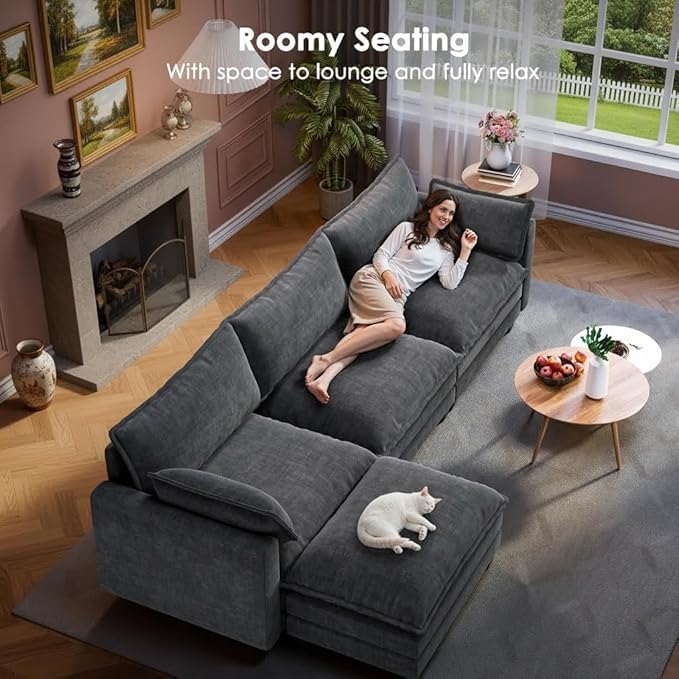 Marsail Modular Sectional Sofa 110.6" U-Shaped Modern Comfy Cloud Couch, 5-Seat Chenille Deep Seat Sofa with Throw Pillow & Movable Ottoman for Living Room, Bedroom and Apartment, Charcoal Gray