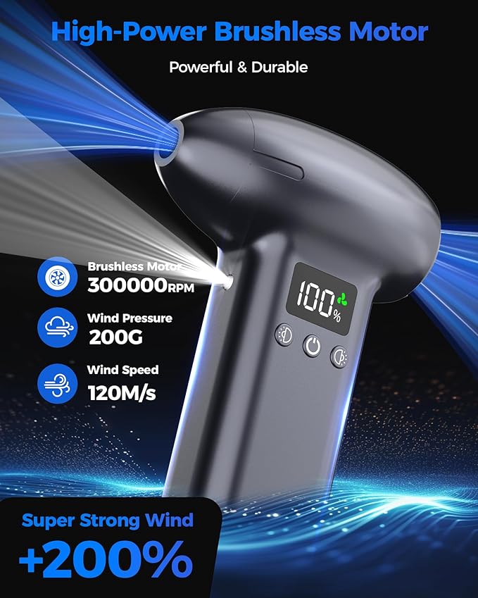 Upgraded Compressed Air Duster-300000RPM Ultra-Powerful Brushless Motor Electric Air Duster 30W Fast Charging &4 Light Modes,Rechargeable 3-Gear Adjustable Cordless Blower for PC,Keyboard,Car,Outdoor