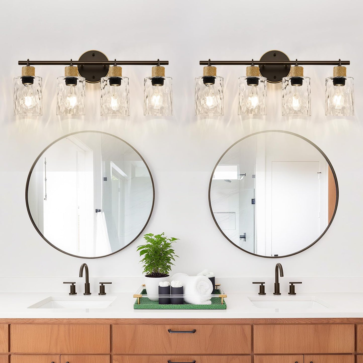 MOKATNG Bathroom Light Fixtures, 4-Light Coastal Vanity Lights with Crystal Glass Shade, Oil-Rubbed Bronze Bathroom Wall Lamp for Mirror Kitchen Hallway Cabinet