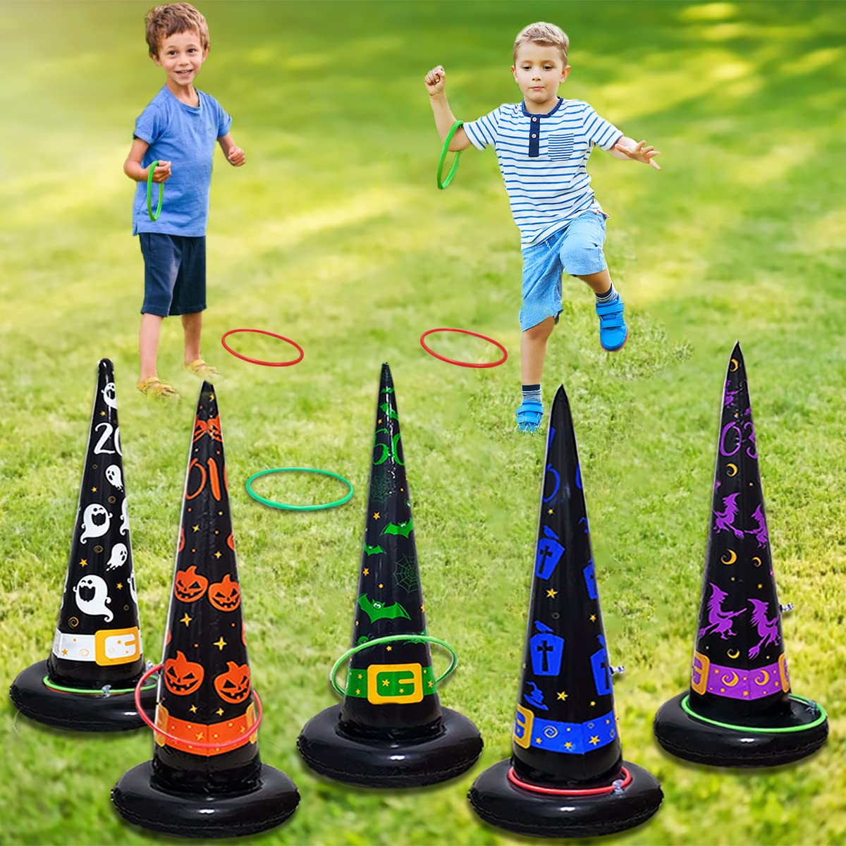 Poptrend 5PK Halloween Inflatable Witch Hat Ring Toss Game With Air Pump - Games Toys for Kids Adults, Decorations