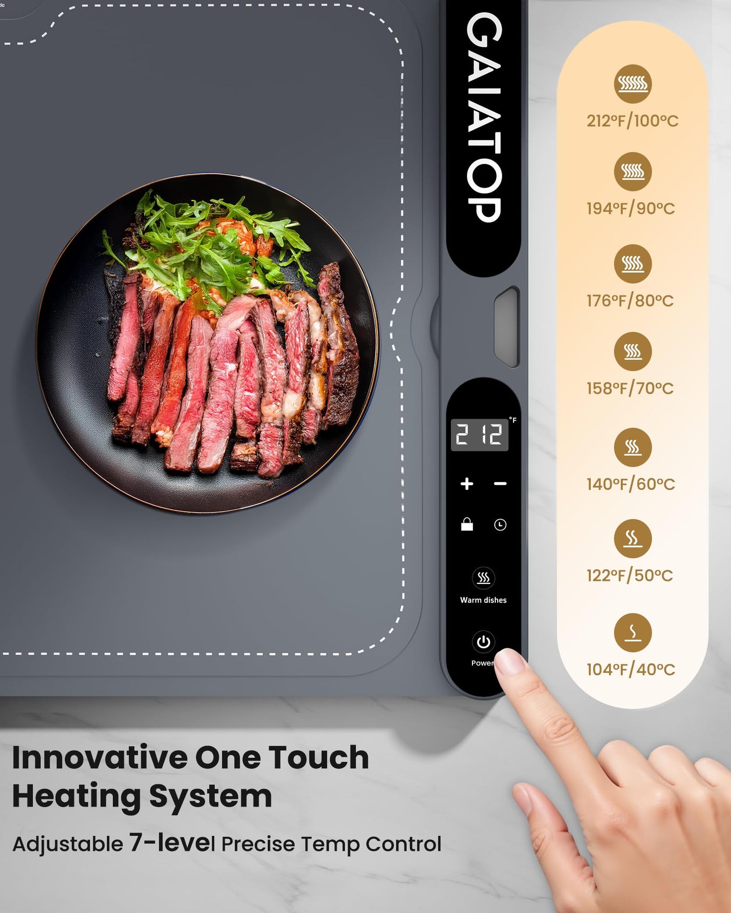 Gaiatop Warming Mat for Food Electric Warming Tray, Fast-Heating Silicone Food Heating Mats for Countertop with 7 Level Temp Adjustable, 8h Timer, Kids Lock, Roll up Heating Tray for Home Travel, Gray