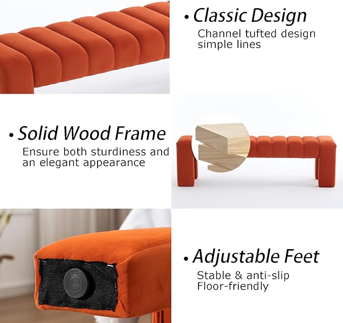 AIITTCC Velvet End of Bed Bench Upholstered Modern 59" Bedroom Bench for King Bed Bench Tufted Window Bench Comfy Long Ottoman for Living Room/Entry/Indoor (Orange, 59" Wide)