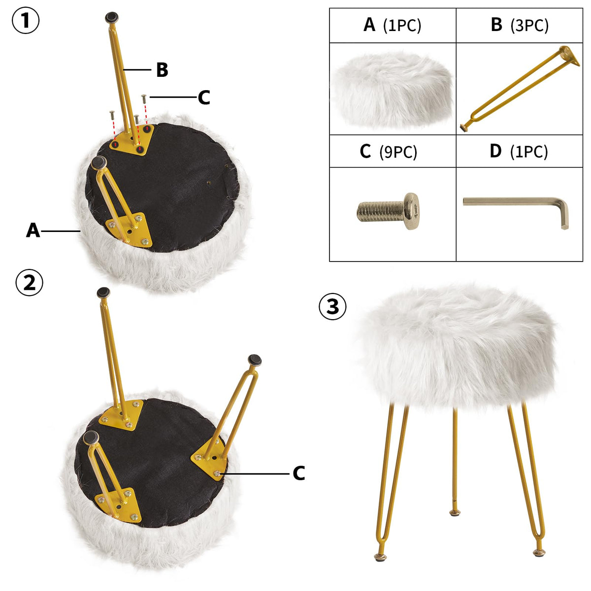 IBUYKE Faux Fur Vanity Stool Chair, Furry Makeup Stool Ottoman, Soft Padded Seat, Round Footrest Footstools with 4 Metal Legs, for Living Room Bedroom Entryway, White LG-32W