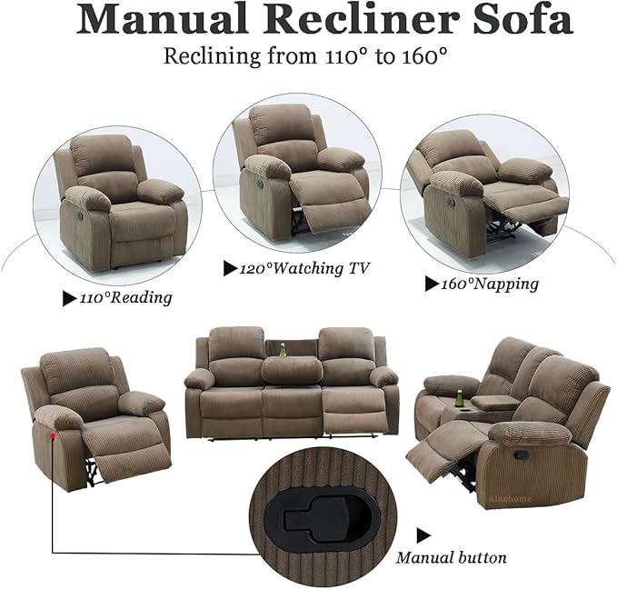 A Ainehome Manual Recliner Sofa Set with Storage, 3 Pieces Living Room Furniture Sets, Corduroy Sofa Sets Reclining Couch Loveseat and Chair Furniture Set for Living Room/Rv/House/Office, Taupe