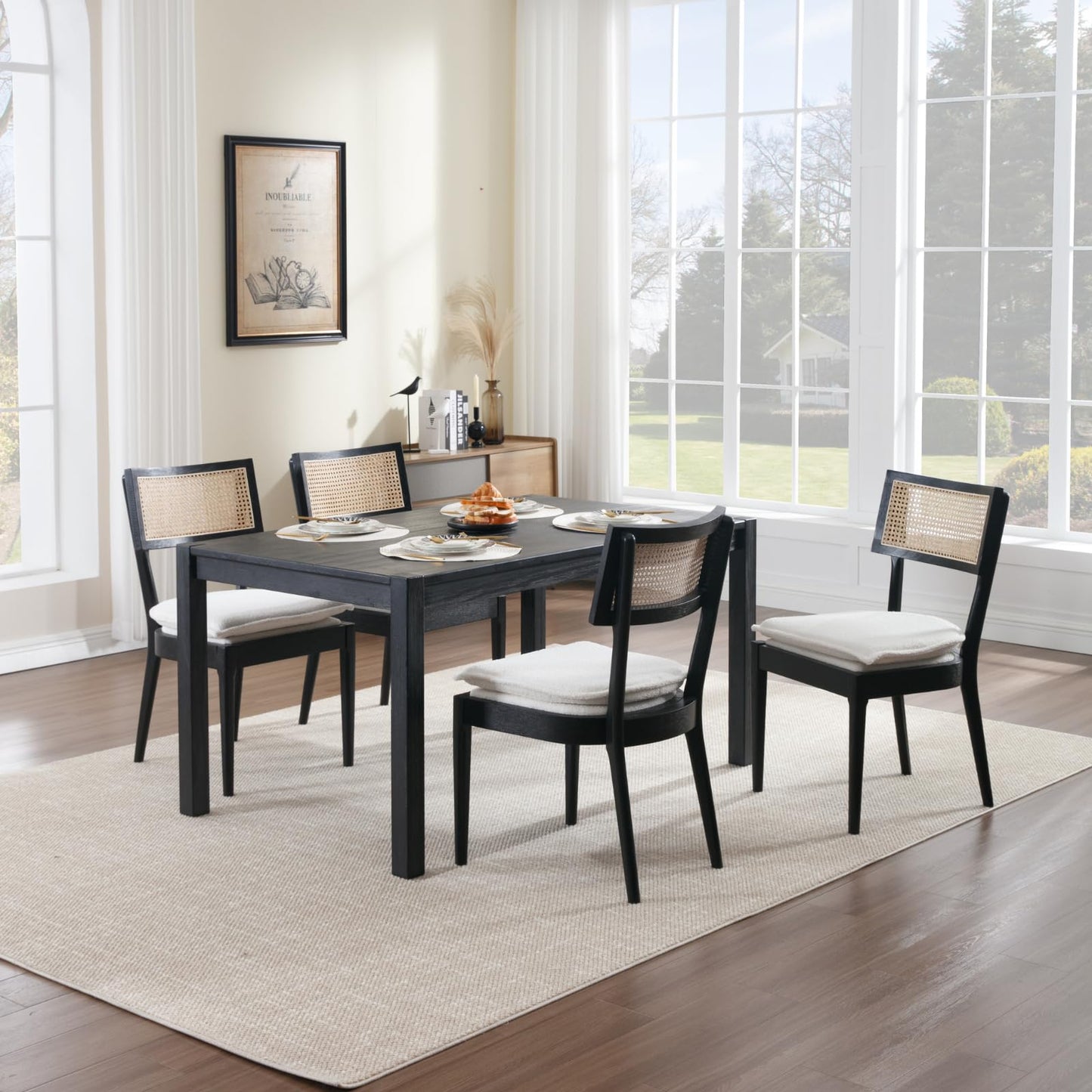 QUINJAY Rattan Farmhouse Dining Chairs Set of 4, French Country Sherpa Dining Chairs with Cane Back, Upholstered Boucle Dining Room Chairs Rustic Kitchen Chairs with Wood Frame for Living Room, Black