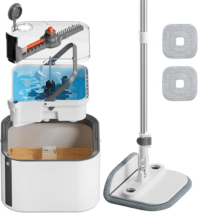 Upgraded Self-Standing Spin Mop and Bucket System, Detachable Inner Mop Bucket Separates Dirty Water & 90° Foldable Head, Triple-Scrub System, 0.9Gal Dual Drainage, for Hardwood Floors (White 2 Pads)