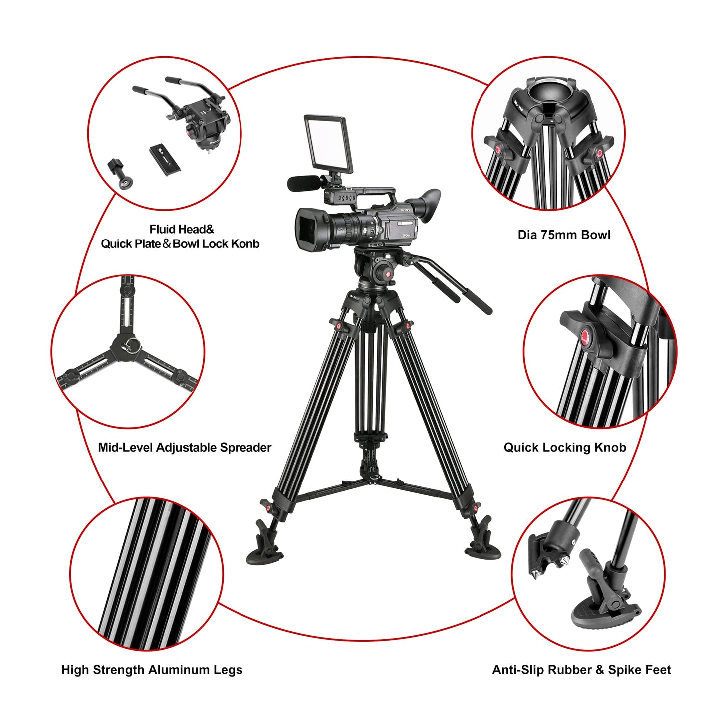 MagicLine 65.7" Aluminum Video Tripod,Heavy Duty Camera Tripod Stand with 2 Handles & 360°Fluid Head & Adjustable Metal Middle Spreader,2 QR Plates for DSLR Camcorder Cameras(Max Load 26.5 lb)
