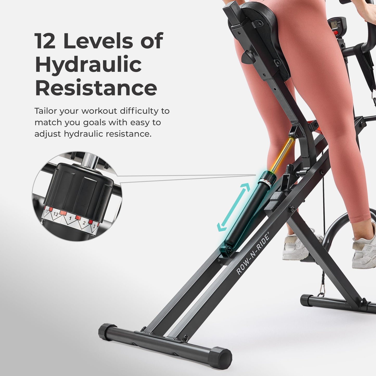 Sunny Health & Fitness Row-N-Ride PRO Smart Squat Rowing Machine for Home, 300 LB Weight Capacity Rower with 12 Level Hydraulic Resistance, Easy Setup Full Body Exercise Equipment - SF-A020052SMART