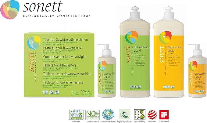 Sonett Organic Lemon Dishwashing Liquid Soap (34 and 10 fl oz) and Dishwasher Tablets (17 fl oz) Set of 3