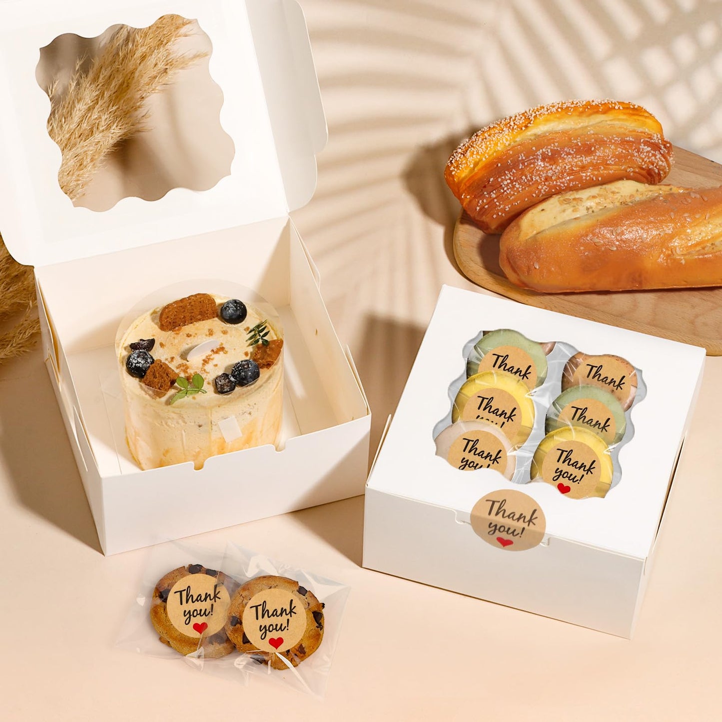 ZYFOTZUN 12 Pcs Cookie Boxes with Window, 6x6x3 Inches White Bakery Boxes, Treat Boxes with 50 Pcs Cookie Bags and 12 Pcs Stickers, for Dessert Pastry Chocolate Strawberries Macarons Donut Cupcake