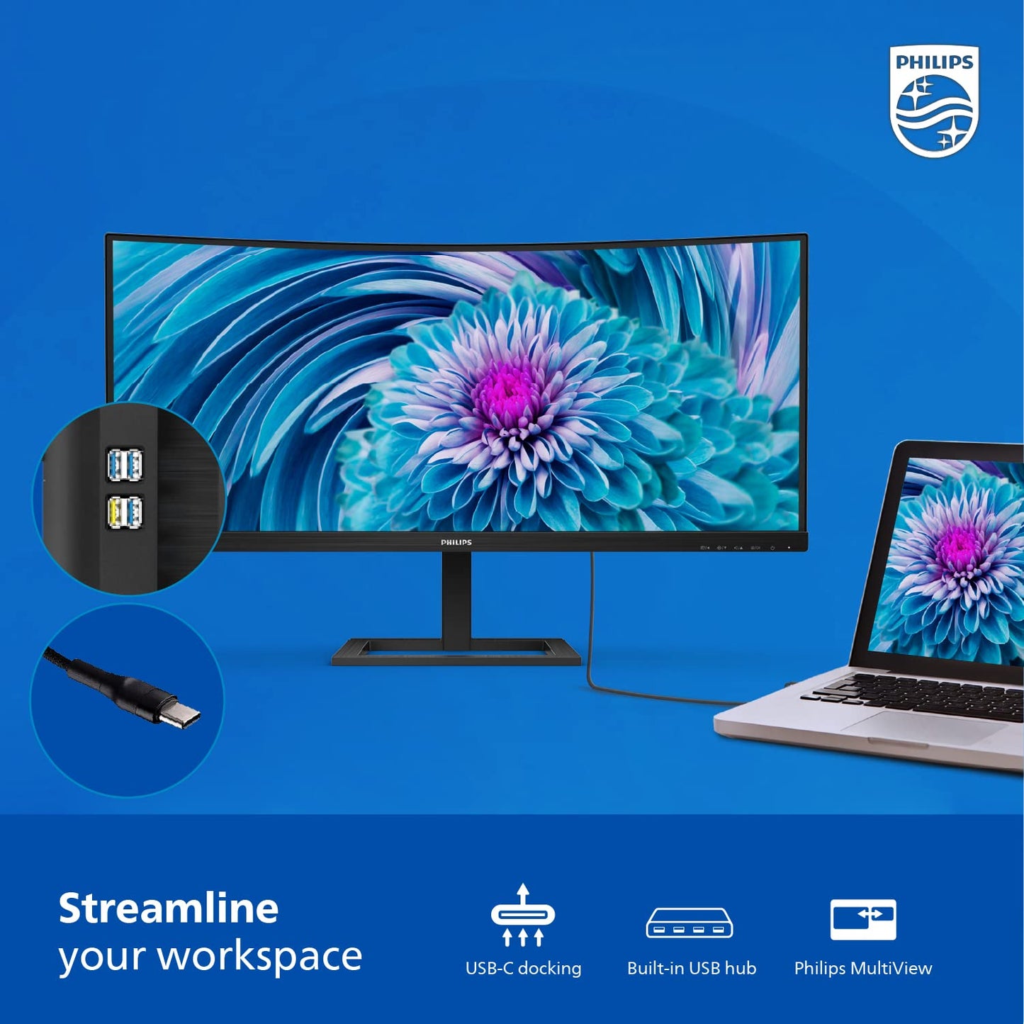 Philips 34 Inch UltraWide Curved Computer Monitor, WQHD 3440x1440, USB-C Charing, 100Hz, 1ms MPRT, VA Panel, Built-in Speakers, Height Adjustable, 4 Year Advance Replacement Warranty, 346E2CUAE