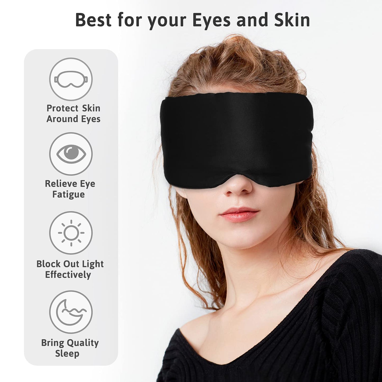 ATreebag Silk Sleep Mask for Women Men, Mulberry Silk Eye Sleeping Mask & Blindfold with Adjustable Strap, Blackout Eye Cover for Sleep Travel Yoga Nap, Large Size, Black