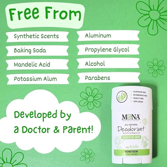 MONA 100% Natural Deodorant for Kids, Preteens & Teens | No Baking Soda, Synthetic Scents or Aluminum | Safe for Girls & Boys with Sensitive Skin | Hypoallergenic & Vegan (HONEYDEW 1.76 Oz)