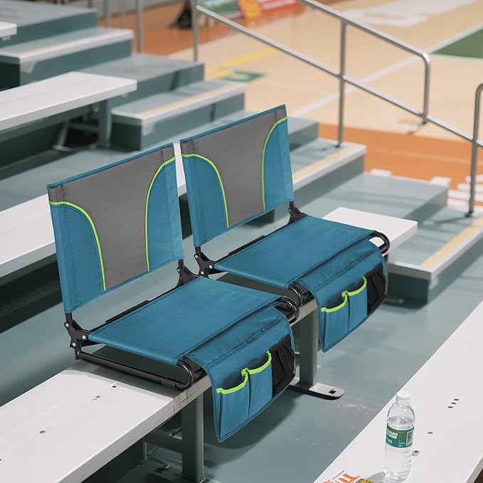 GREEN PARTY Portable Folding Stadium Seats Extra Wide 20.1" Chair for Bleachers Set of 2 with 2 Storage Pockets & Mesh Cup Holder, 600D Oxford Fabric Comfortable Padded Cushion Back Support Blue Grey