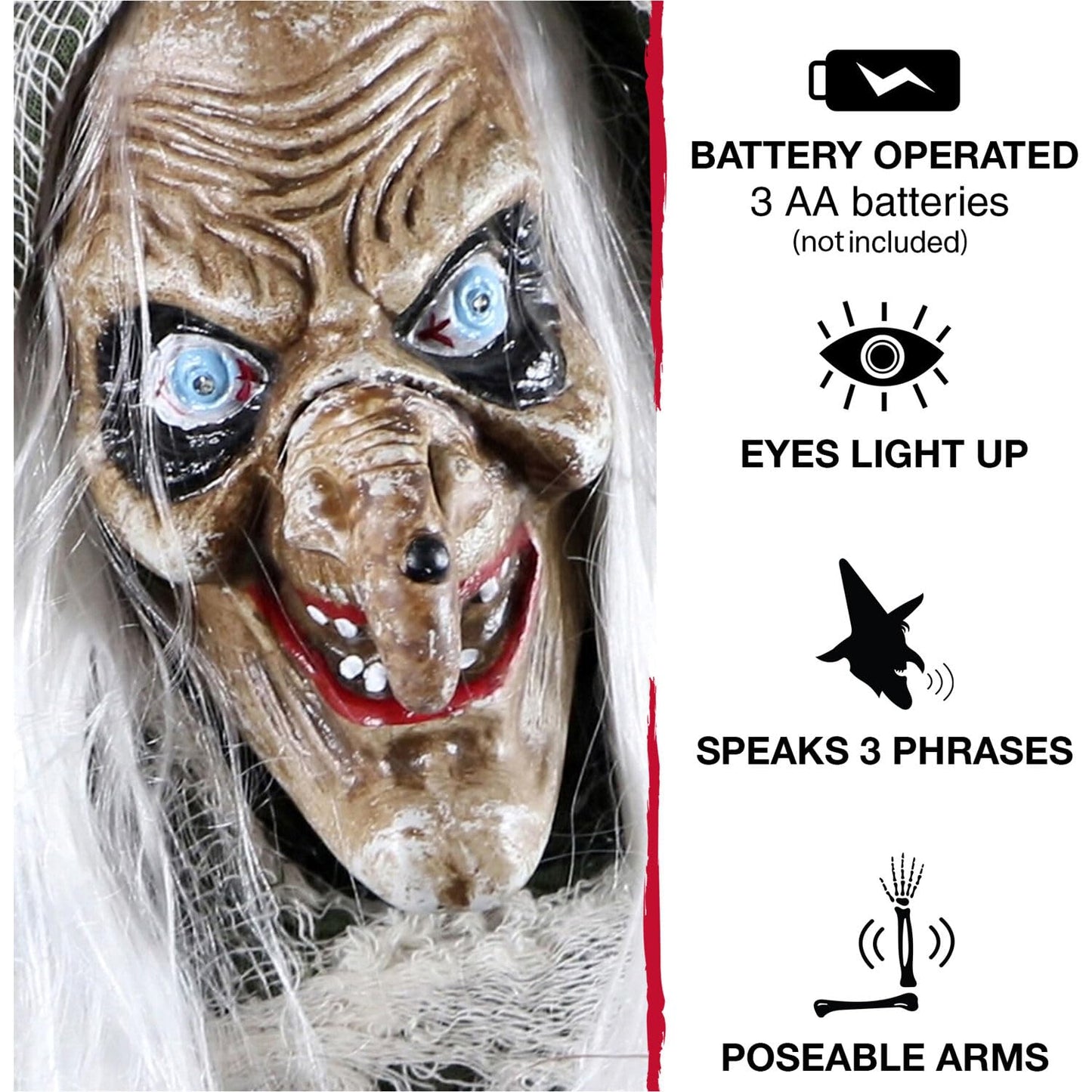 Haunted Hill Farm Life-Size Scary Talking Witch, Animatronic with Touch Activated Lights and Sound, Battery Operated Indoor or Covered Outdoor Decoration, Creepy Halloween Prop