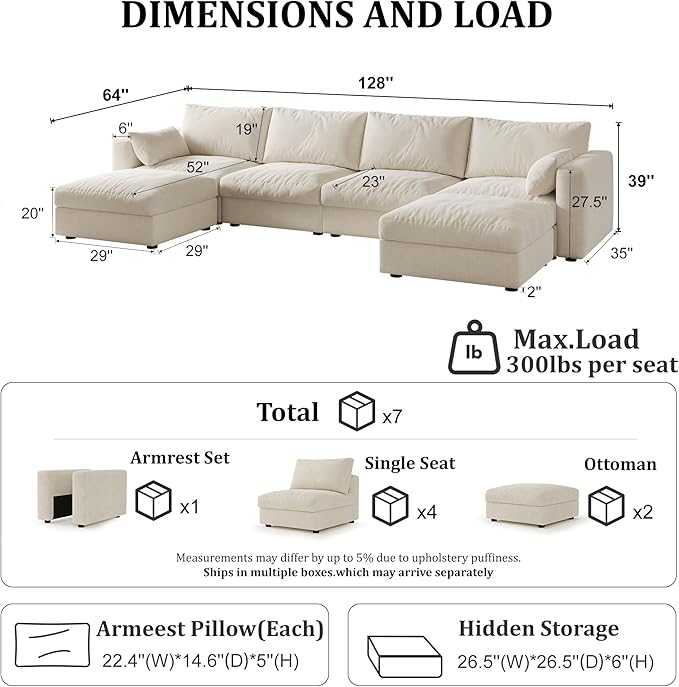 Cloud Modular Sectional Sofa Couch with Storage Ottoman, 128" Oversized Sectional Couches for Living Room, Cloud Modular U-Shaped Sofa with Chaise, 6 Seater, Chenille, Beige