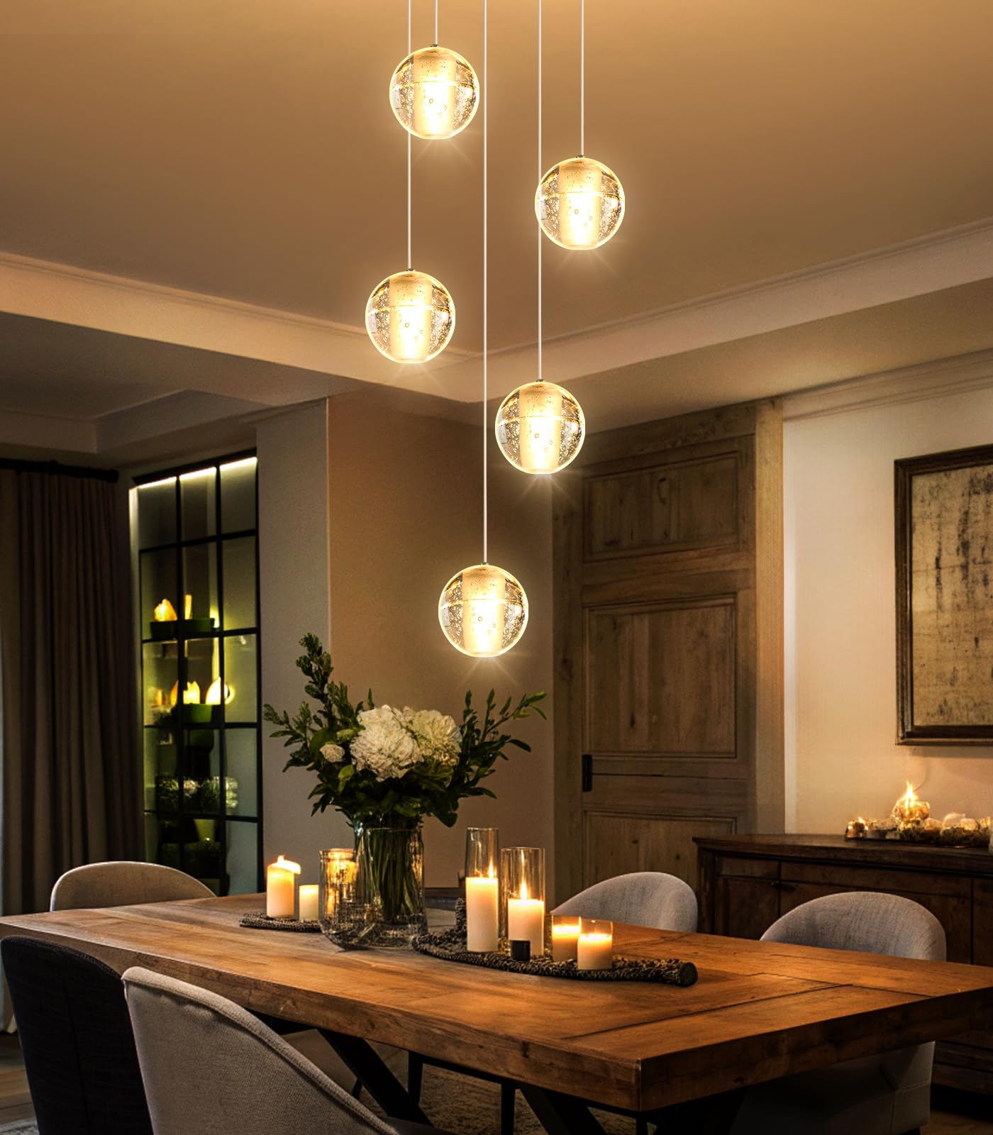 HAIXIANG 5 Lights Globe Chandelier Modern Crystal Glam Light LED Warm Light Pendant Lights for Dining Room Kitchen Island Brushed Nickel Lighting Fixture
