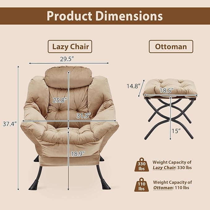 Youtanic Lazy Chair with Folding Ottoman, Accent Chair Velvet Upholstered with Metal Structure and Non-Slip Pads, Sofa Armchair with Footrest and Side Storage Bag for Dorm, Room, Office, Khaki