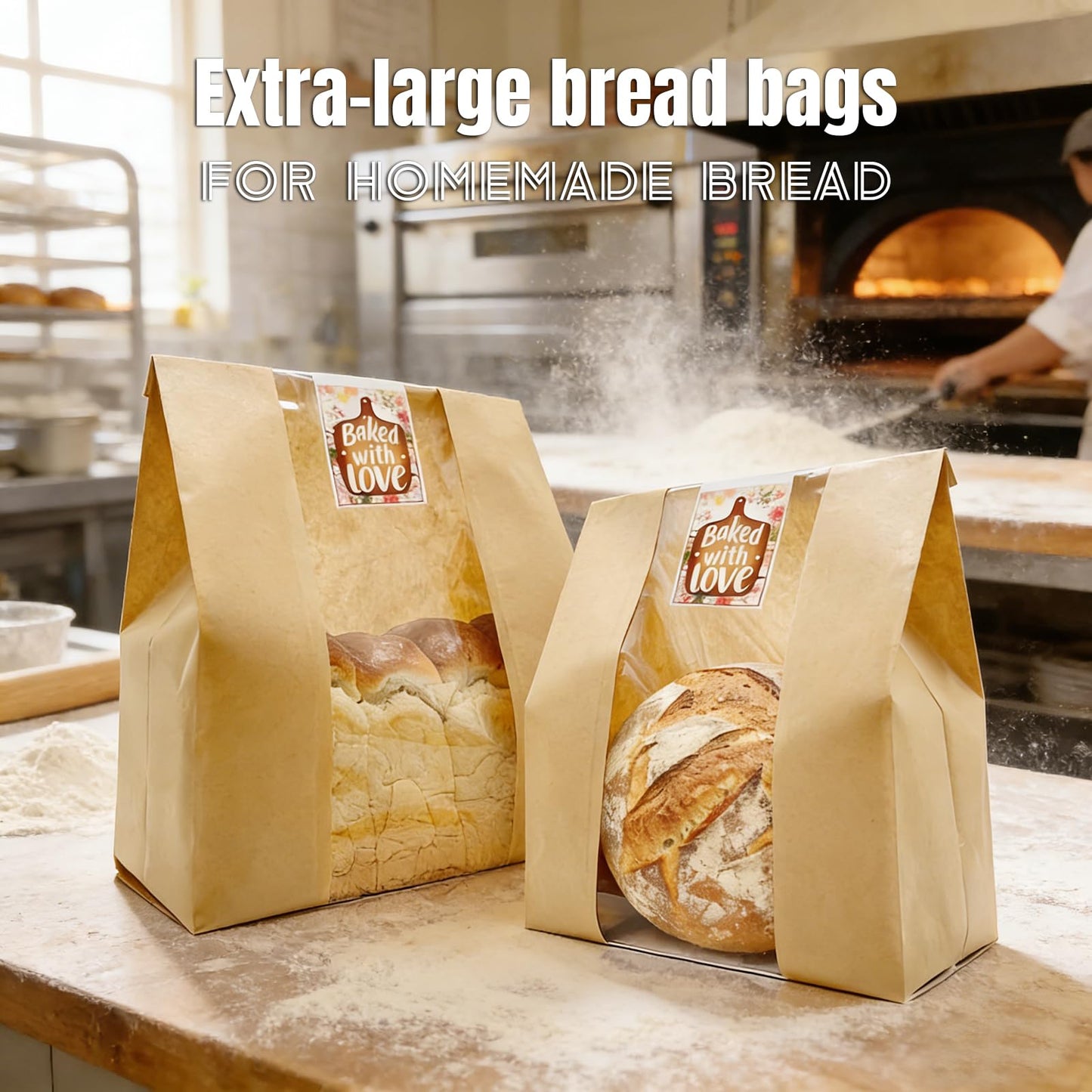 BIUBIU 16x10x5 inch Extra Large Paper Bread Bags for Homemade Bread with Window & Sticker for XL Sourdough Bread, Supersized Bread Loaf, Baked Goods, Packaging for Gifting-Brown Kraft 25Pcs