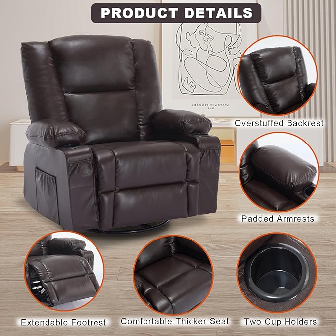 Massage Swivel Rocker Recliner with Heat, Brethable Leather Rocking Recliners Chair for Living Room, Modern Manual Recliner with Cup Holders, Overstuffed Single Sofa Chairs for Adults, Red Brown