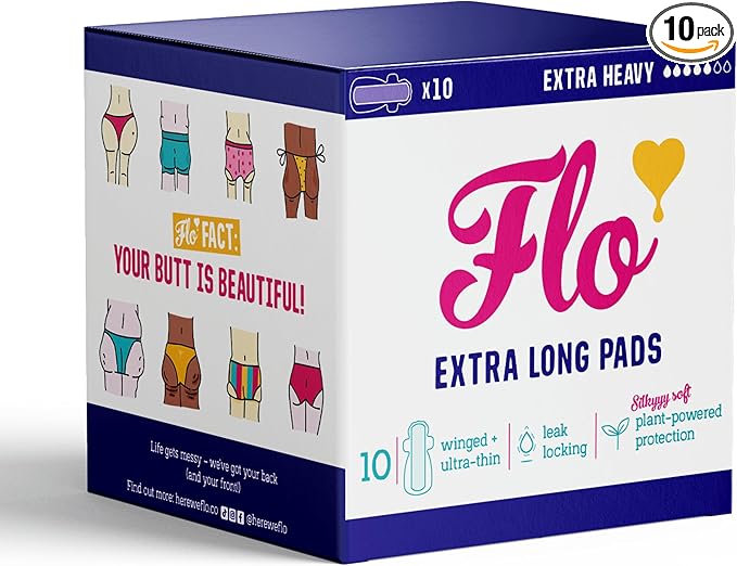 Flo - Extra Long Menstrual Pads (10 Pack) - Regular Flow - Leak Locking - Winged + Ultra-Thin - Natural, Absorbent, Soft, & Breathable -Bamboo Period Pads for Women -Plant Based -Vegan & Cruelty Free
