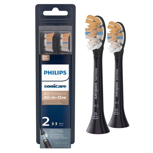 Philips Sonicare Genuine A3 Premium All-in-One Replacement Toothbrush Heads, 2 Brush Heads, Black & Genuine A3 Premium All-in-One Replacement Toothbrush Heads, 2 Brush Heads, White