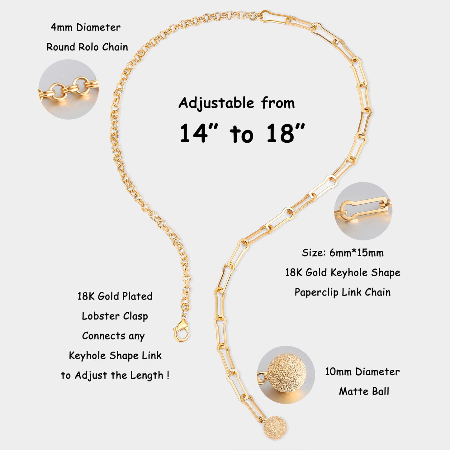 Aobei Pearl 18K Gold Paperclip Chain Link Y-Shaped Necklace Dainty Gold Matta Ball Pendant Necklace for Women Fashion Lariat Jew