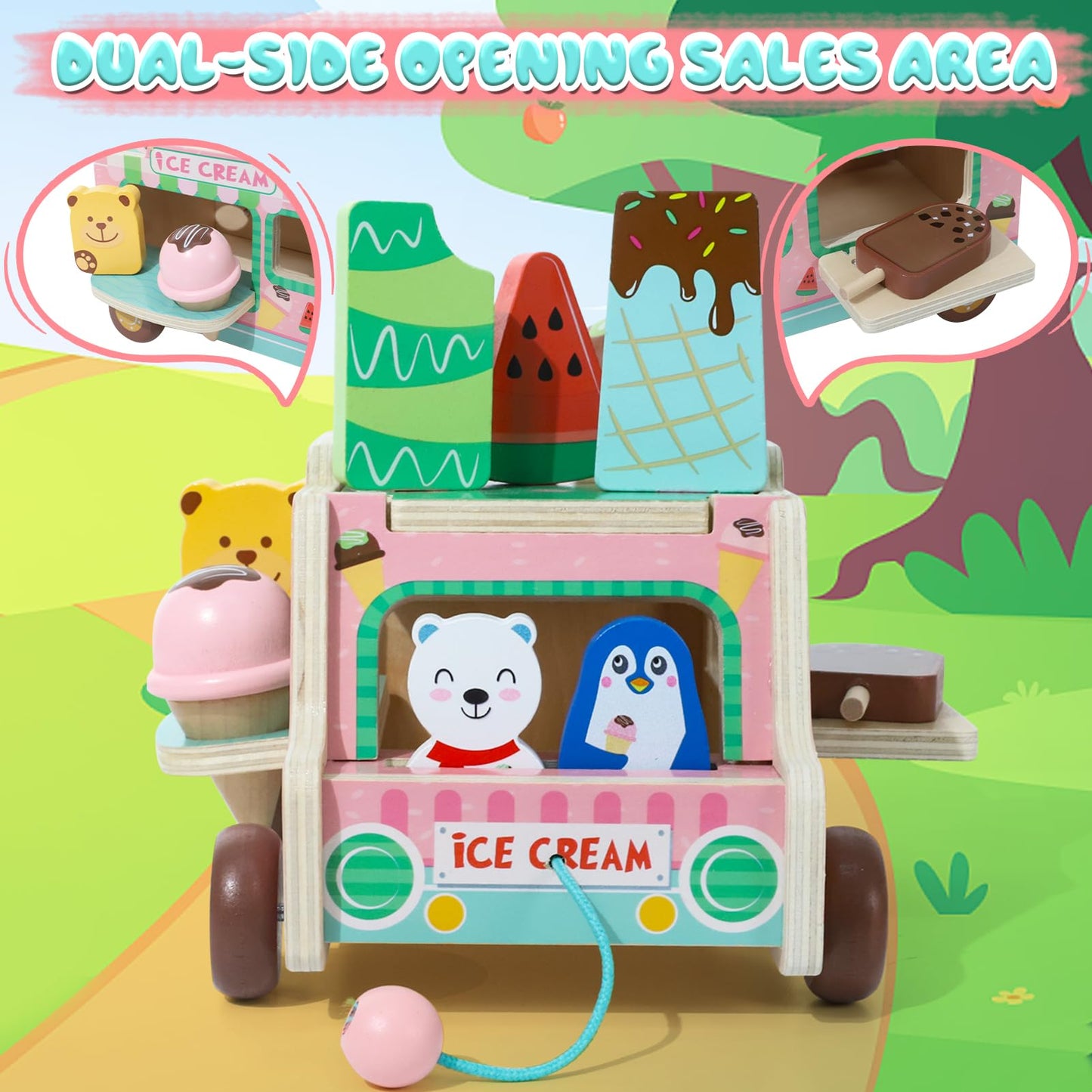 XIAPIA Ice Cream Toys for Girls, Wooden Ice Cream Cart, Pretend Play Toys for 1 2 3 Year Old, Play Food Truck Store for Toddlers 1-3, Boys Ice Lolly Shop Playset, Birthday Gifts for Baby 12-18 Month