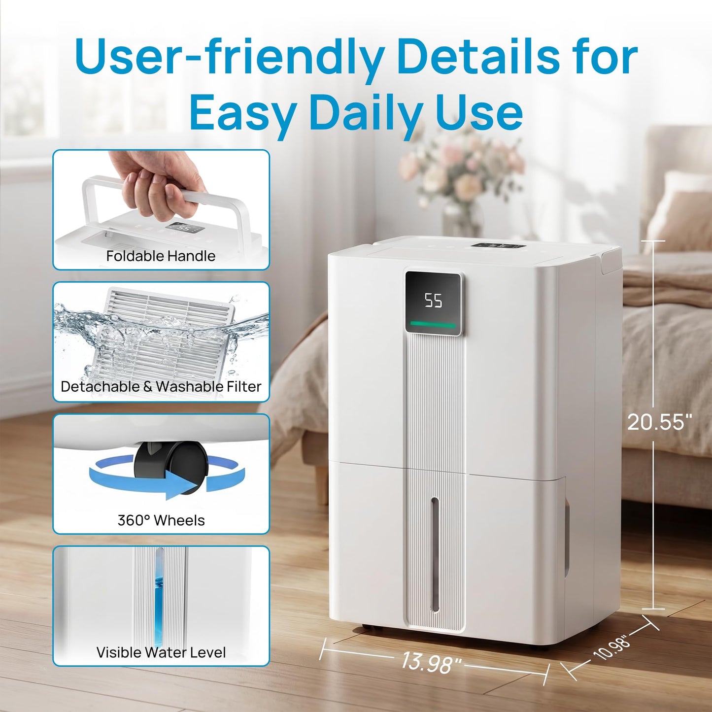 Uthfy 6000sq.ft Large Dehumidifier for Basement, Max 100 Pints Dehumidifiers with Drain Hose, 5.5Gal Detachable Water Tank, 2 LED & 3 Colors Display, Child Lock, Wheels&Handle for Whose House, Bedroom