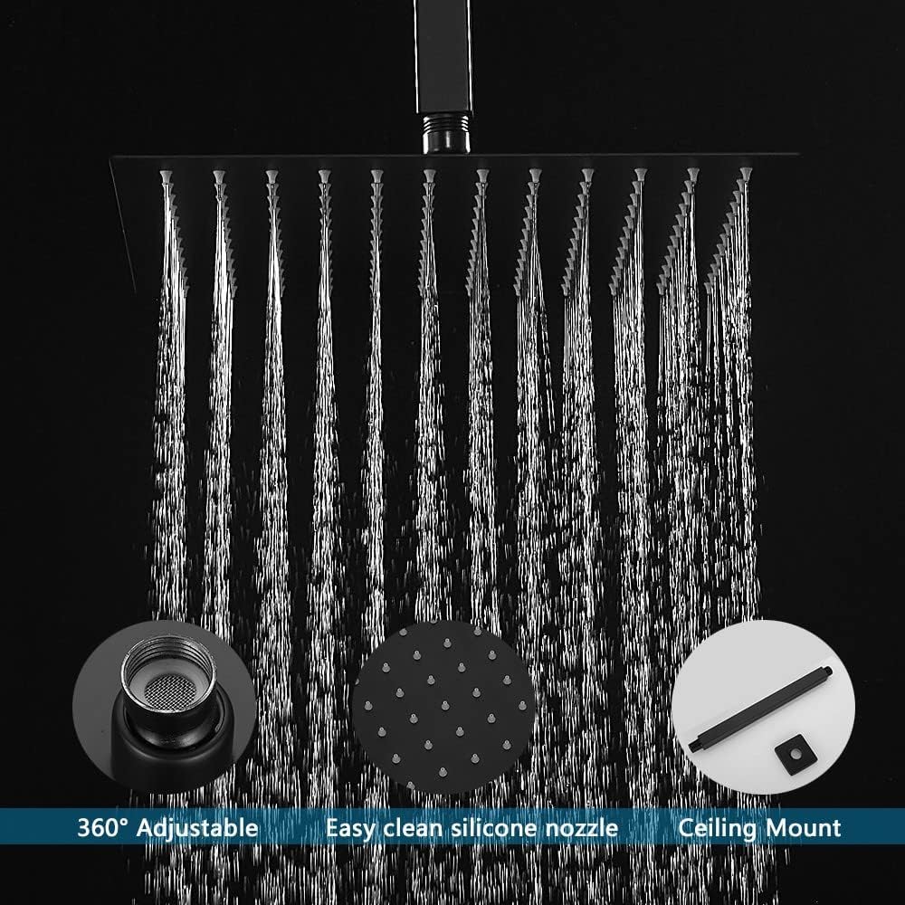 JingGang Matte Black Shower System with Push Button Diverter, Ceiling Mount Luxury 12 Inch Rain Shower Head with Handheld Spray, Shower Faucet Combo Set with Rough-in Valve Body and Trim Kit Included