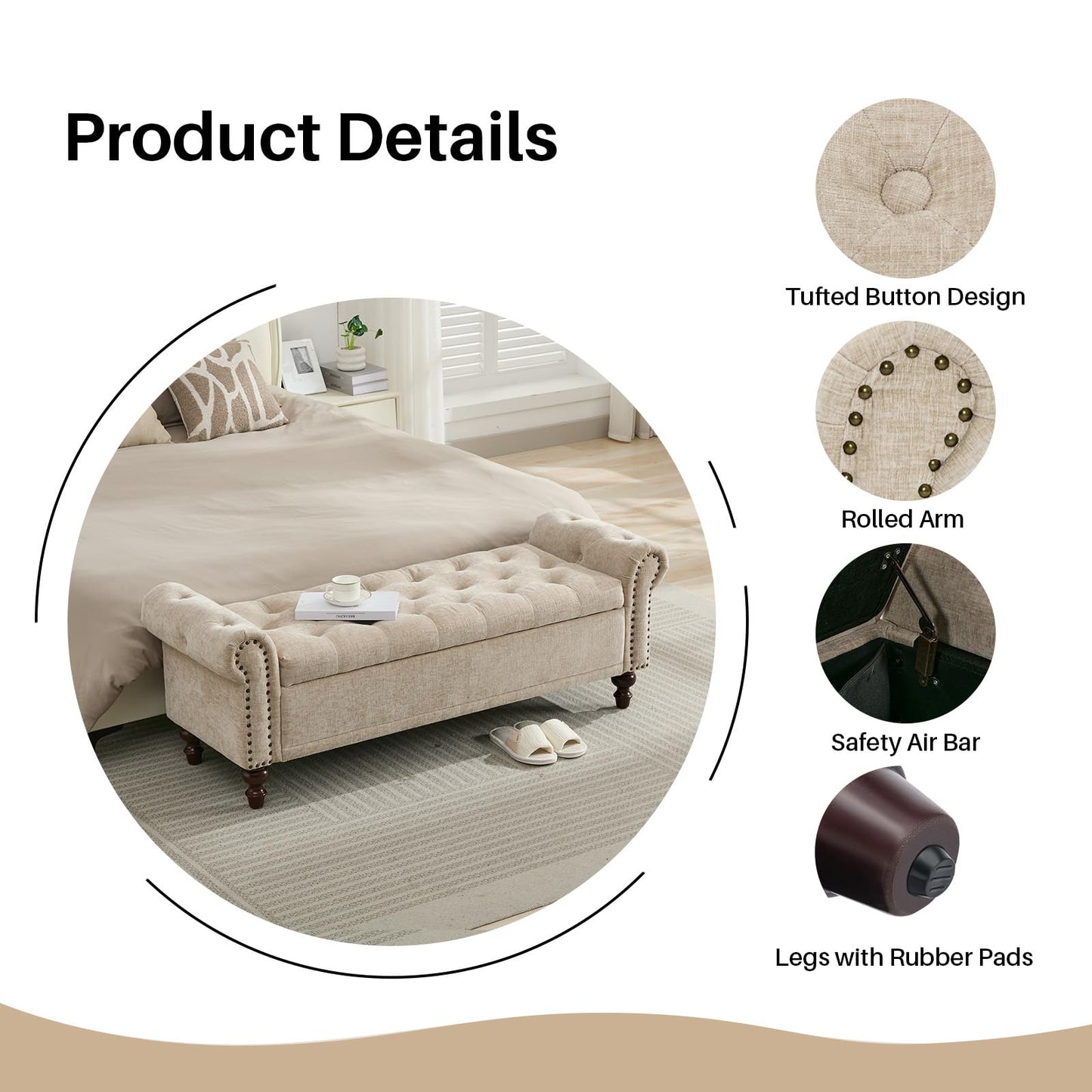 SOFTHION 58.1'' Storage Bench Upholstered Chenille End of Bedroom Bed Bench Ottoman with Tufted Cushioned Rolled Arm Large Storage Space for Reading Living Room Entryway, Light Brown