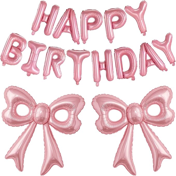Pink Happy Birthday Balloons, 31”Huge Pink Bow Aluminum Foil Balloons for Girl Woman Birthday, Princess, Coquette Party De...