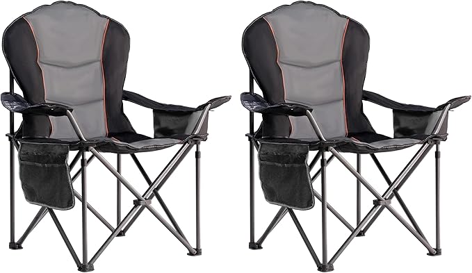 Foristrail Large Camping Chair with Side Table Heavy Duty 500LBS - Folding Outdoor Chair with Cooler Bag (Black & Gray, 2 PCS)