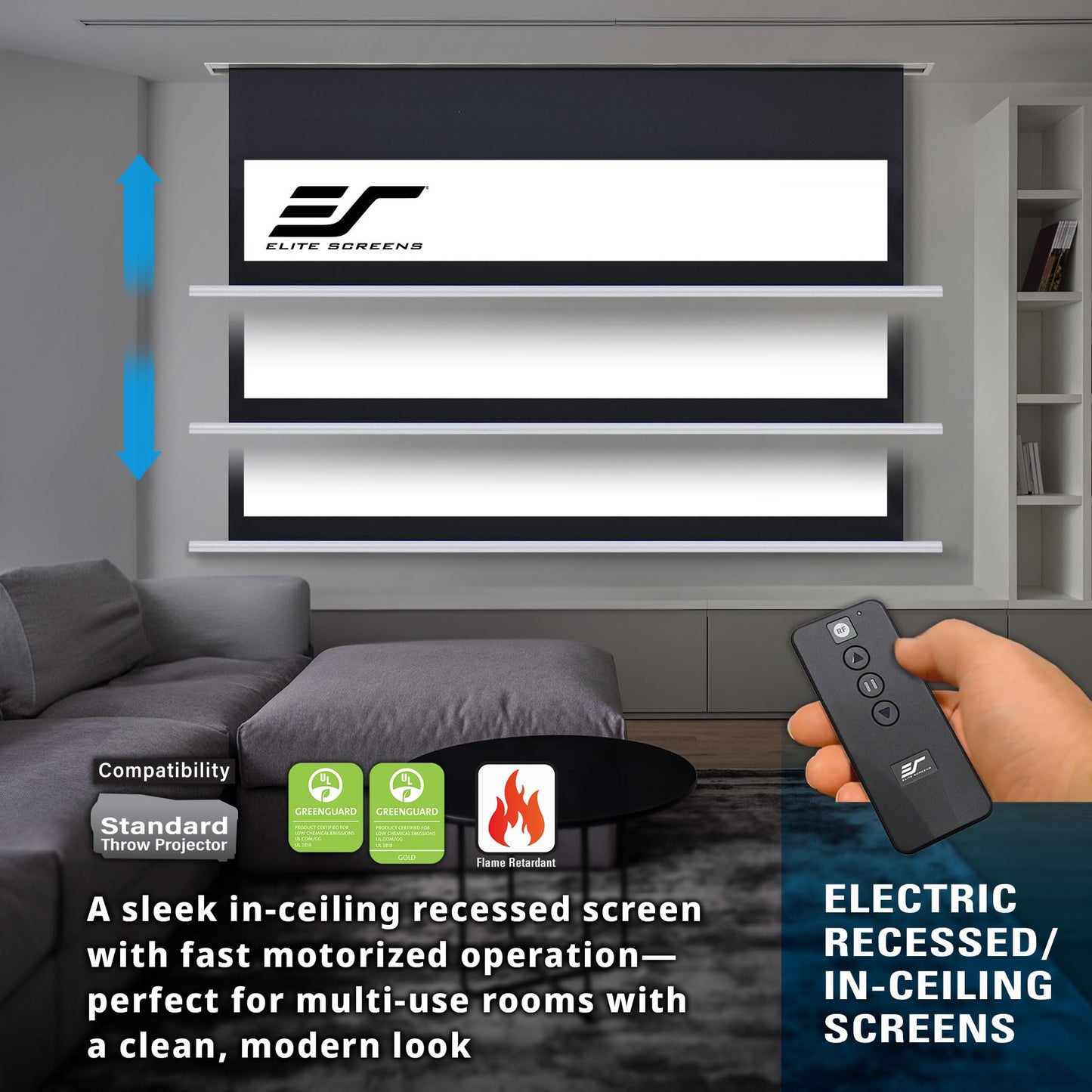Elite Screens Recessed in-Ceiling Adjustable Vertical Drop Motorized Projector Screen, 100-INCH with Extra 12" Drop, 8K/4K Ultra HD Ready Fiberglass Reinforced, EB100HW3-E12