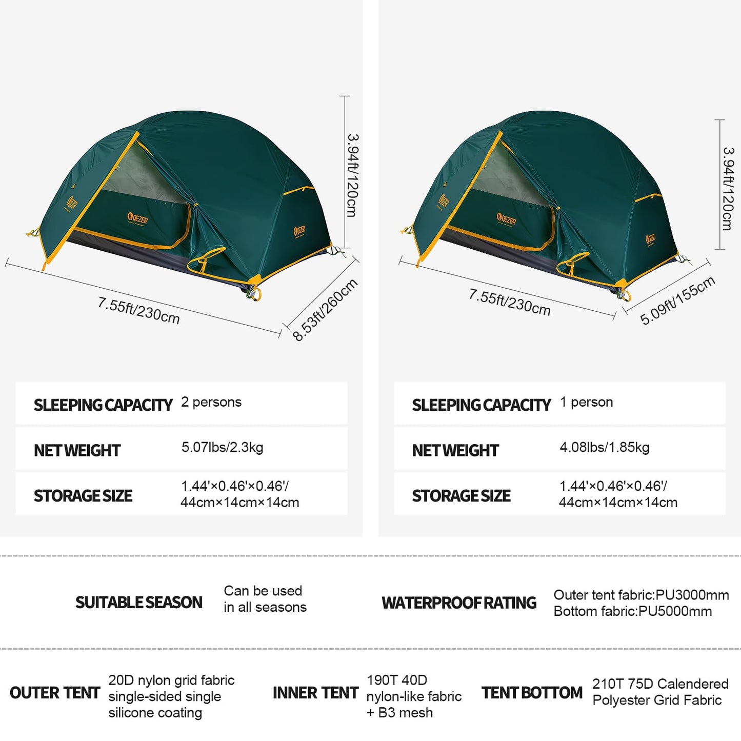 QEZER Camping Tent 1/2 Person Tents Windproof Portable Adults Tents for Camping Hiking Backpacking Traveling Easy Set up (Green, 2 Person)