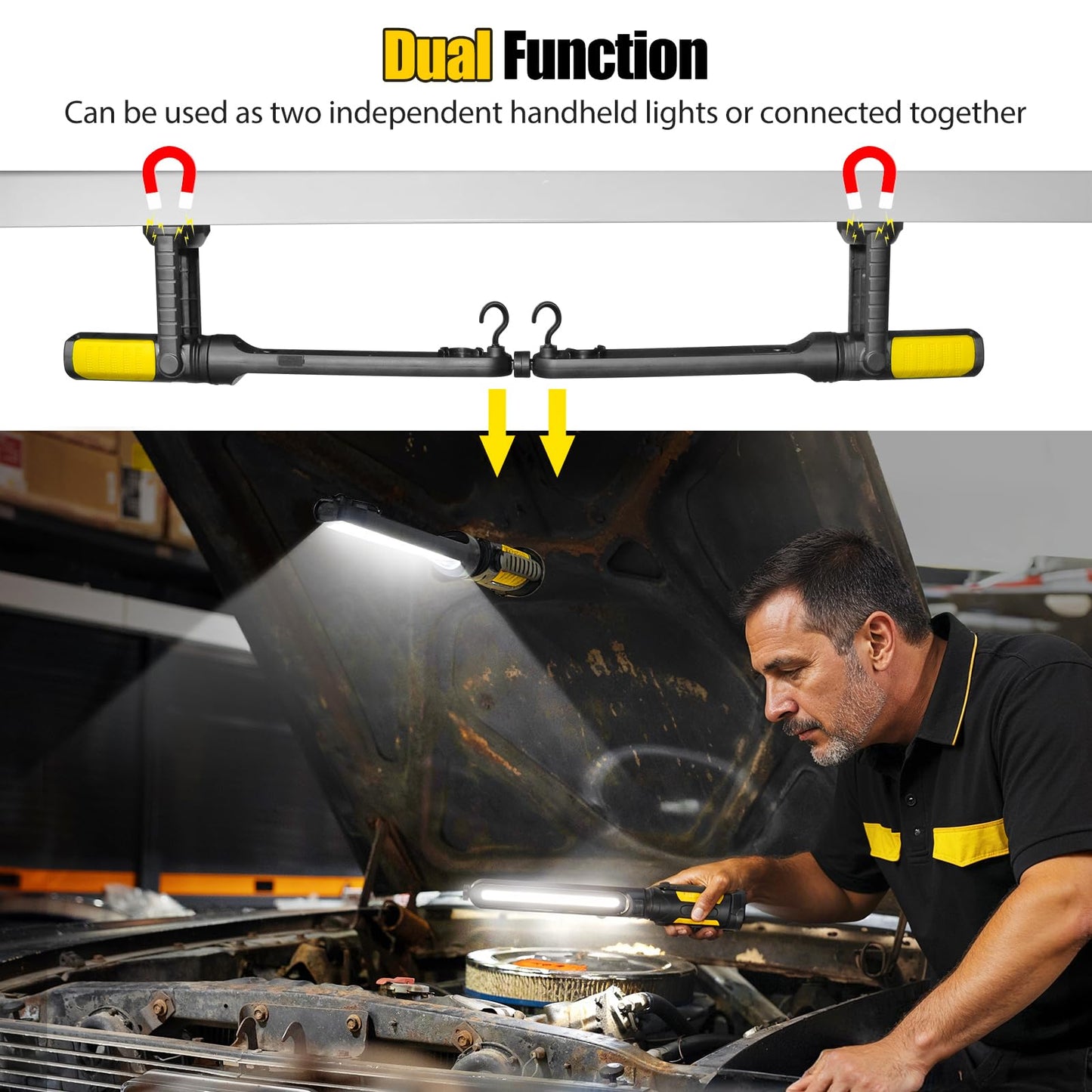 SYLSTAR Work Light for Mechanic, 2400LM LED, 4400mAh Rechargeable, Magnetic, Underhood Work Light with Hooks for Car Repairing, Job site, Garage, Workshop, Emergency(Yellow)