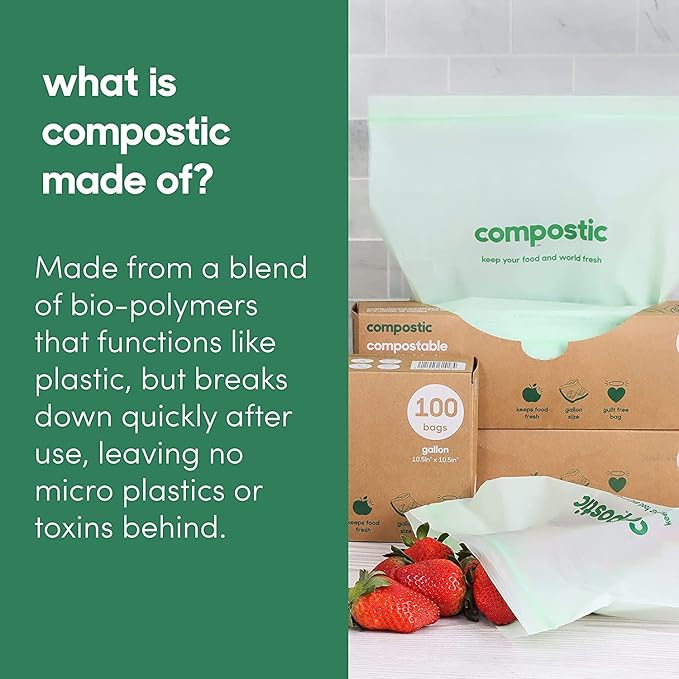 Compostic Home Compostable Resealable Sandwich Bags (7"x7"), Microwave & Freezer Safe, Organic Food Storage Container, 200 Count
