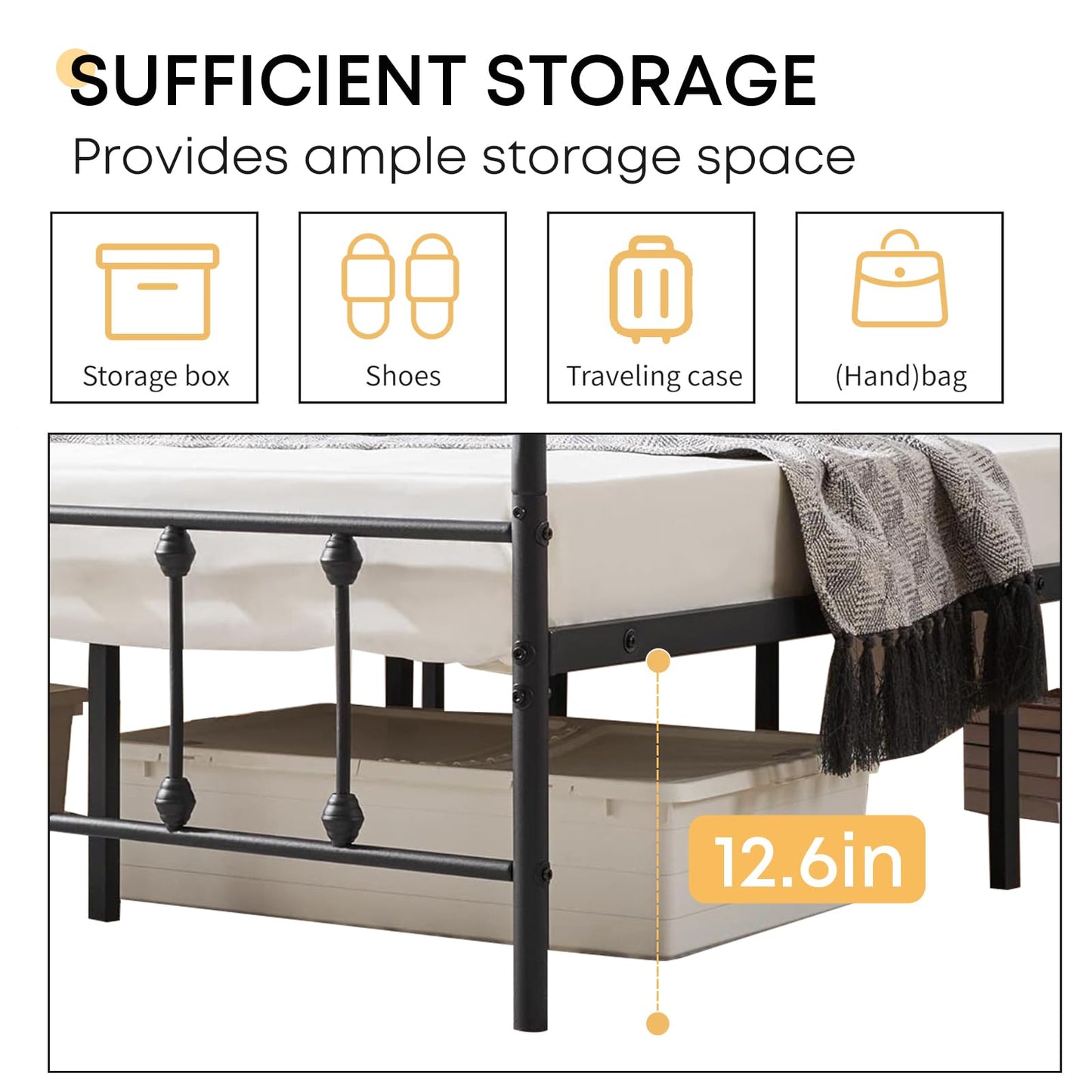 Chuangshuo Guard Queen Bed Frame-Classic Metal Platform Bed Frame Mattress Foundation with Victorian Style Iron-Art Headboard/Footboard/Storage Space/No Box Spring Needed/Black