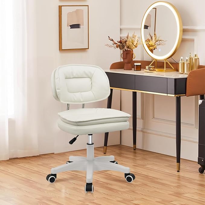 Small Rolling Stool with Backrest - 360° Swivel Rolling Chairs with Wheels,Adjustable Height Armless Vanity Chair, Thickened Seat Cushion Stool Chairs for Spa, Shop, Salon, Massage, Beige, 2 Pack