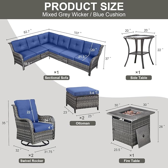 Belord Outdoor Sectional Furniture Sofa Set with Propane Fire Pit Table, Wicker Patio Conversation Set with 2 Swivel Rocker Glider Chairs Blue Cushion Perfect for Backyard Casual Gathering